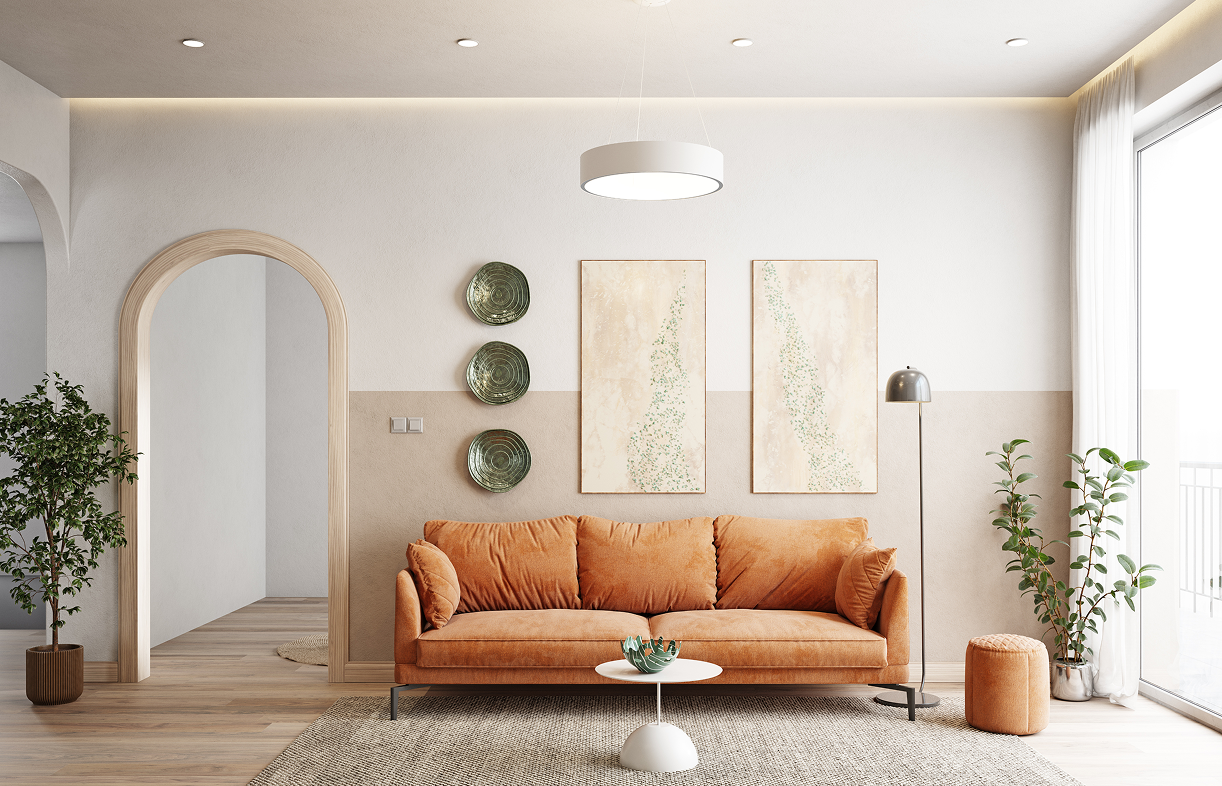 Modern living room with orange sofa.