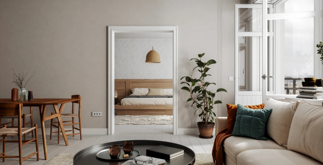 Modern living room with dining area and bedroom.