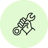 Hand holding wrench icon on green background.