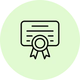 Certificate icon with ribbon on green background.
