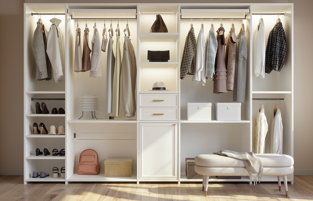 Organized wardrobe with clothes and accessories displayed.