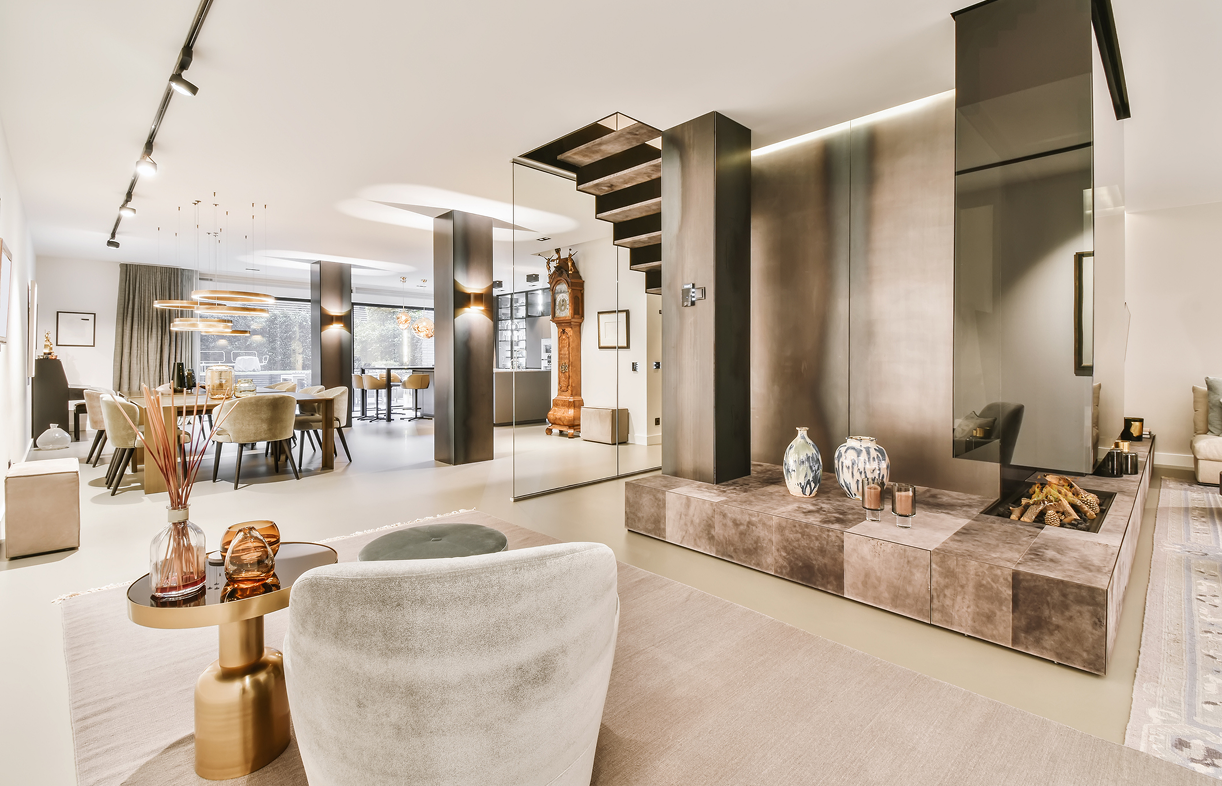 Modern open-concept living and dining area.