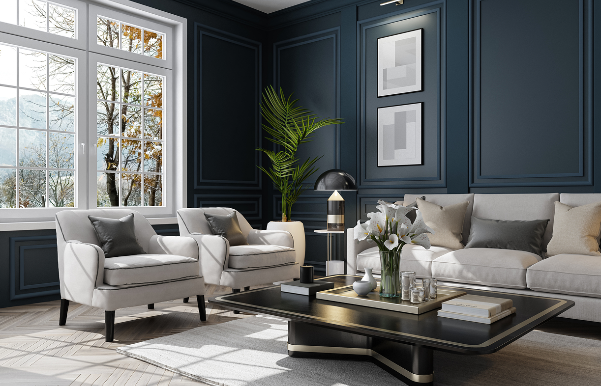 Elegant living room with modern furniture.